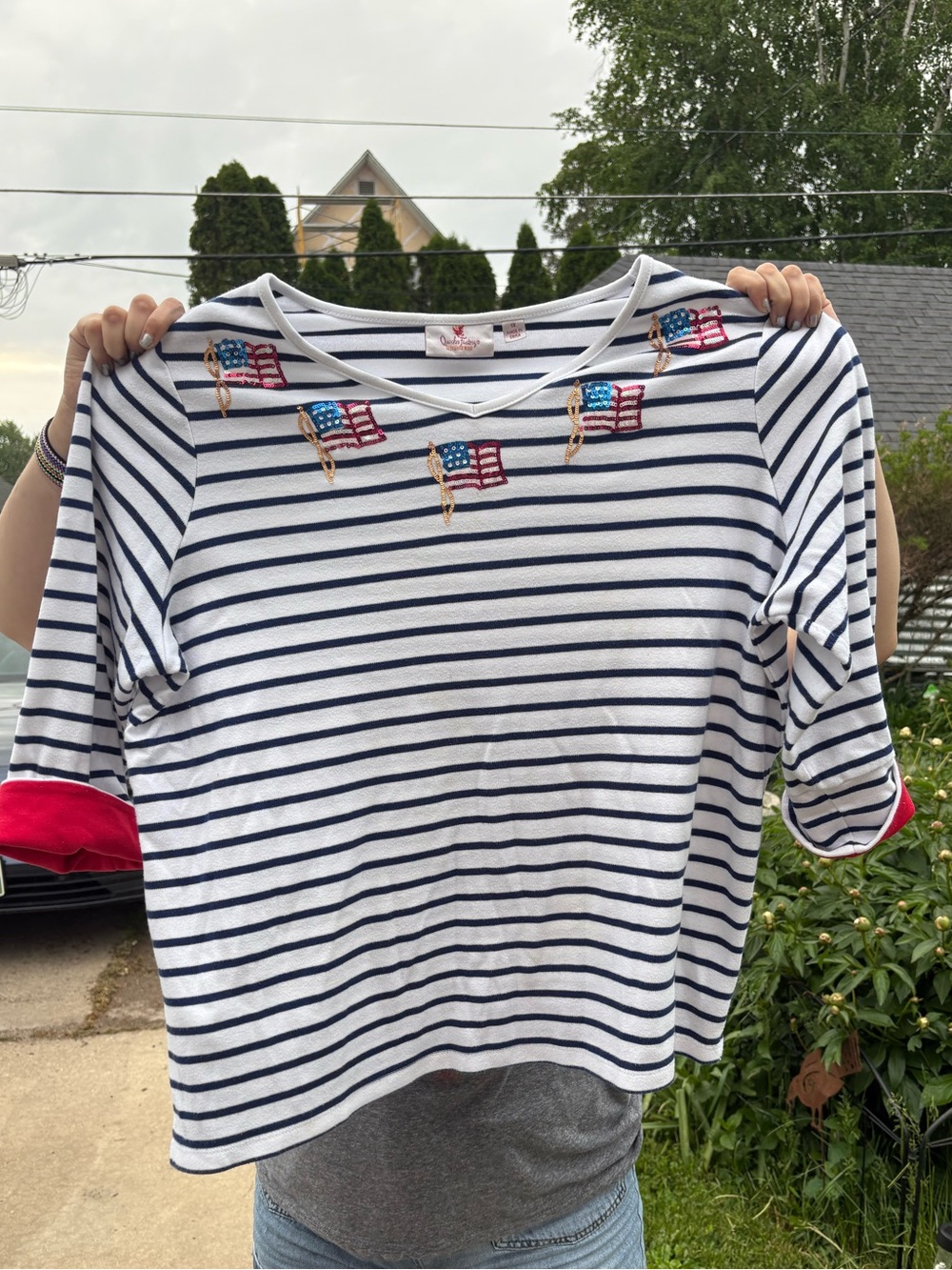Quacker Factory Navy & White Striped Tunic with Flag  Sequins